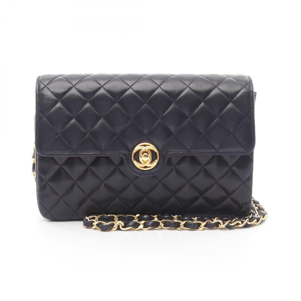 Chanel Matelasse Single Flap Shoulder Bag Lambskin Sheepskin Leather Navy Blue